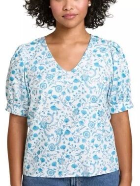 Draper James Blue Floral V Neck Puff Sleeve Cotton Top Cottage Garden Preppy L